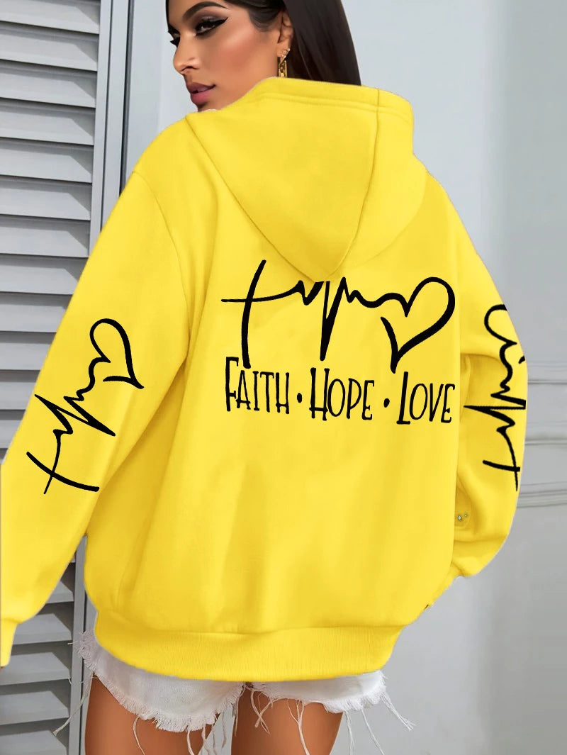 Faith Hope Love Letter Graphic Printed Women Hoodies Fleece Harajuku Hoody Casual Loose Y2K Clothes Pocket Autumn Pullover Good Vibrations
