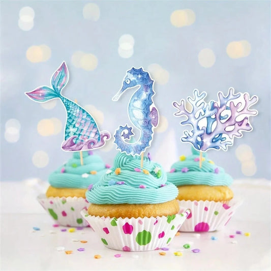 6/12/24pcs Mermaid Cake Toppers,Birthday Party Decoration,Reusable Mermaid Tail Happy Birthday Dessert Cake Topper,Cake Supplies Good Vibrations
