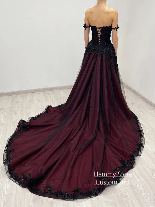 Gothic Wedding Dress Customized Off The Shoulder V Neck Flowers Applique Court Train Black Burgundy A Line Bridal Gown Good Vibrations