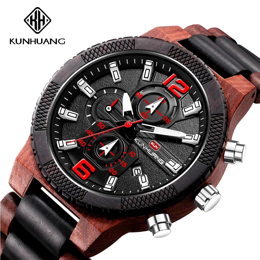 Men's Wood Watches Luxury Luminous Multi-function Wooden Watch Men's Quartz Retro Watch Men Fashion Sport Timepieces Relogio Good Vibrations