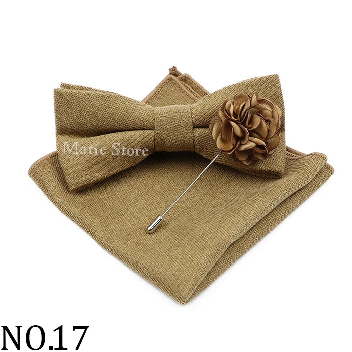 Mens Solid Color Cotton Bowtie Pocket Square Brooch Sets Pink Blue Super Soft Suede Bow Tie Handkerchief For Wedding Party Gift Good Vibrations