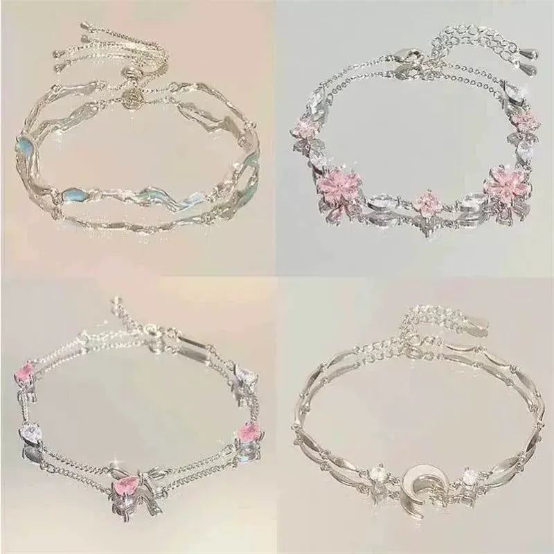Elegant Crystal Flowers Bracelet For Women Y2K Sweet Girls Moon Cherry Blossom Bow Zircon Bracelets Luxury Designer Jewelry Gift Good Vibrations