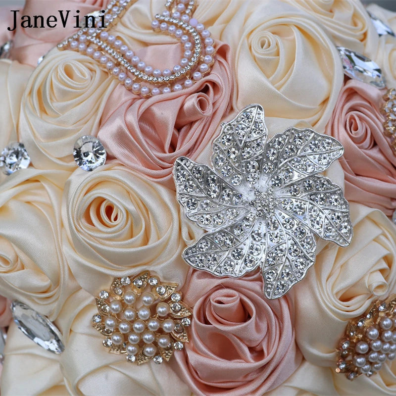 JaneVini Light Pink Roses Bridal Bouquet Elegant Pearl Crystal Lace Handle Bride Flower Ball Wedding Bouquet Bruiloftaccessoires Good Vibrations