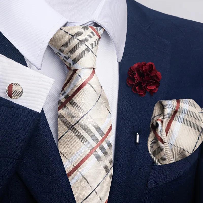 Luxury Mens Ties Floral Black Gold Ties Paisley NeckTie Pocket Square Cufflinks Brooch Set Men's Wedding Party Tie Good Vibrations