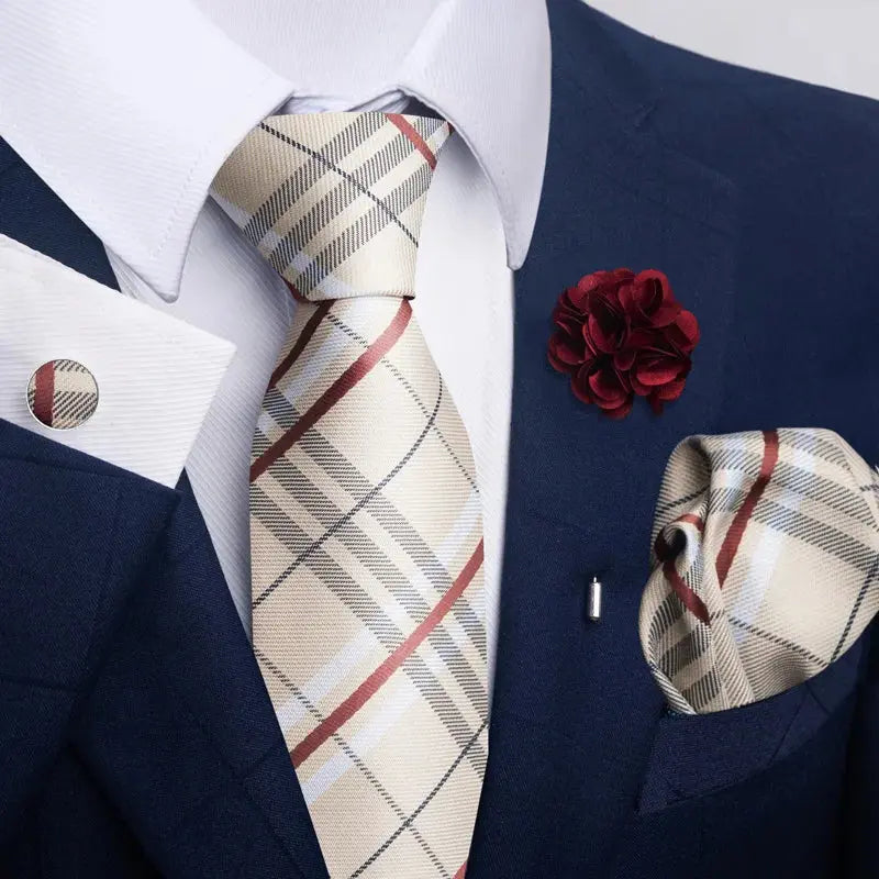 Luxury Mens Ties Floral Black Gold Ties Paisley NeckTie Pocket Square Cufflinks Brooch Set Men's Wedding Party Tie Good Vibrations