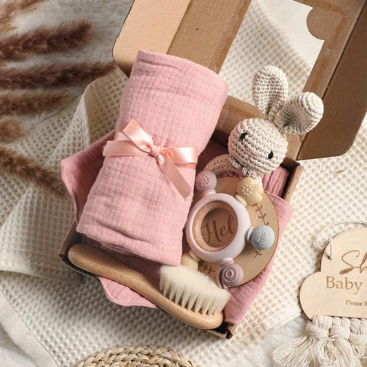1Set Baby Bath Toy Set Food Grade Silicone Teether Toys Wooden Ring Crochet Rattle Milestones Card Bath Brush For Newborn Gift Good Vibrations