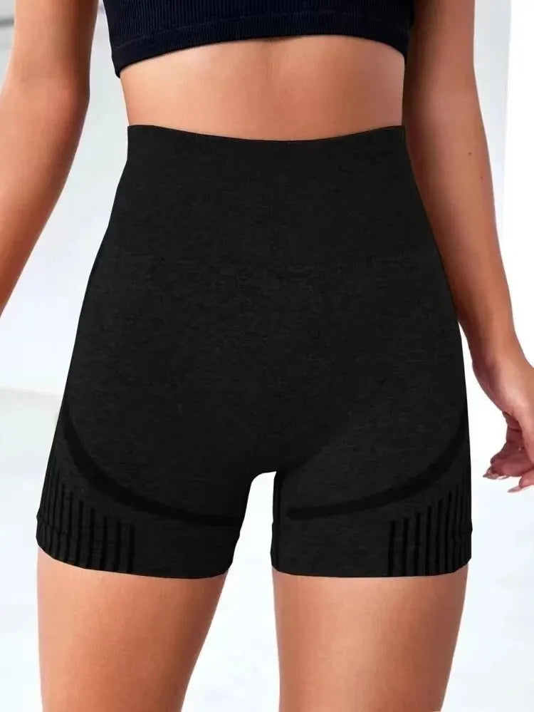 High-waist black seamless women yoga shorts with knitted herringbone fabric for fitness and running