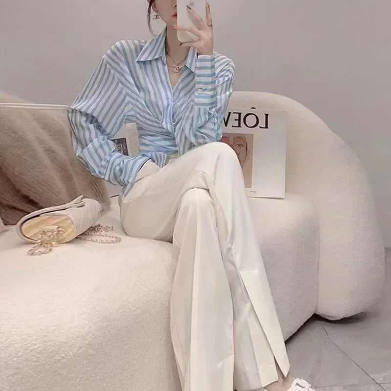 Women's Pants Two Piece Set Holiday Outfits Ladies Trouser Shirt Blue Blouse and Spring Autumn Stripe Aesthetic Groups of Co Ord Good Vibrations