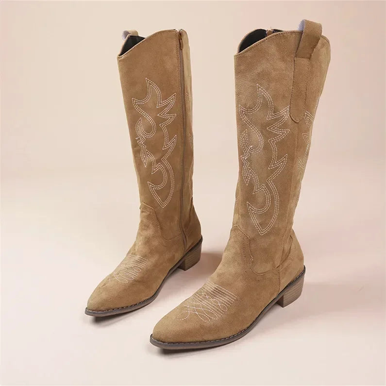 Embroidered Western Cowboy Boots for Women Autumn Pointed Toe Thick Heel High Knee Boots Woman Loose PU Leather Long Botas Mujer Good Vibrations