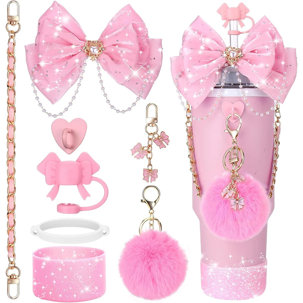 Bling Cup Accessories for Stanley Tumbler Cup 40oz Tumbler with Handle, Including Bow Straw Topper Cover, Straw Bow Decorate Good Vibrations Adult Super Store