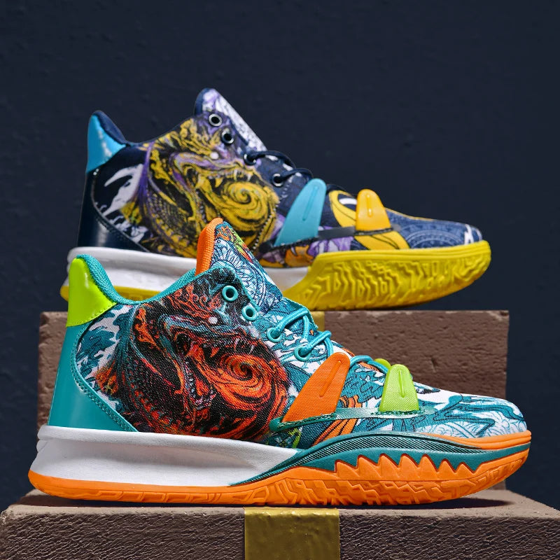 Mens Basketball Shoes Non-Slip Breathable Outdoor Sneakers Fashion Graffiti Sports Training Shoes for Running Walking Good Vibrations