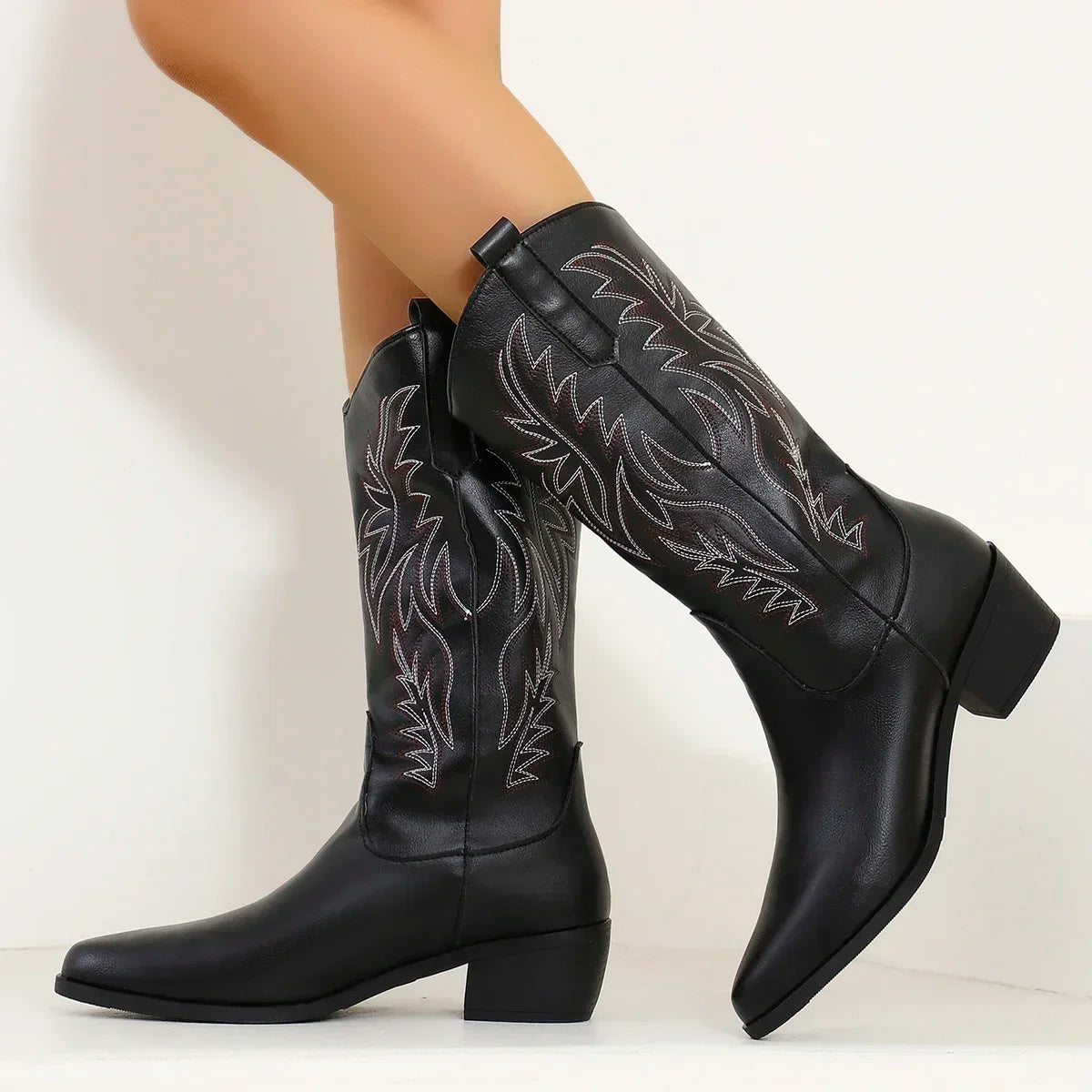 Women's Mid-Calf Boots 2024 New Autumn Winter Shoes Women Fashion Chunky Heeled Boots Vintage Western Cowgirl High Heels Boots Good Vibrations