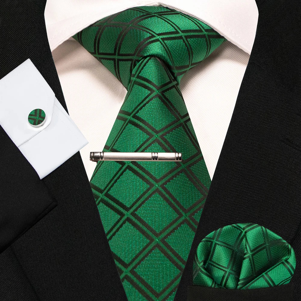 8cm Silk Mens Ties Green Black Ties plaid stripe NeckTie Pocket Square Cufflinks Tie clips Set Men's Wedding business Party Tie Good Vibrations