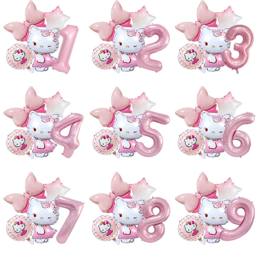 5pcs Hello Kitty Themed Birthday Party Decoration Supplies Kawaii KT Cat 32 Inch Number Foil Balloon Kit Baby Shower Girls Gift Good Vibrations
