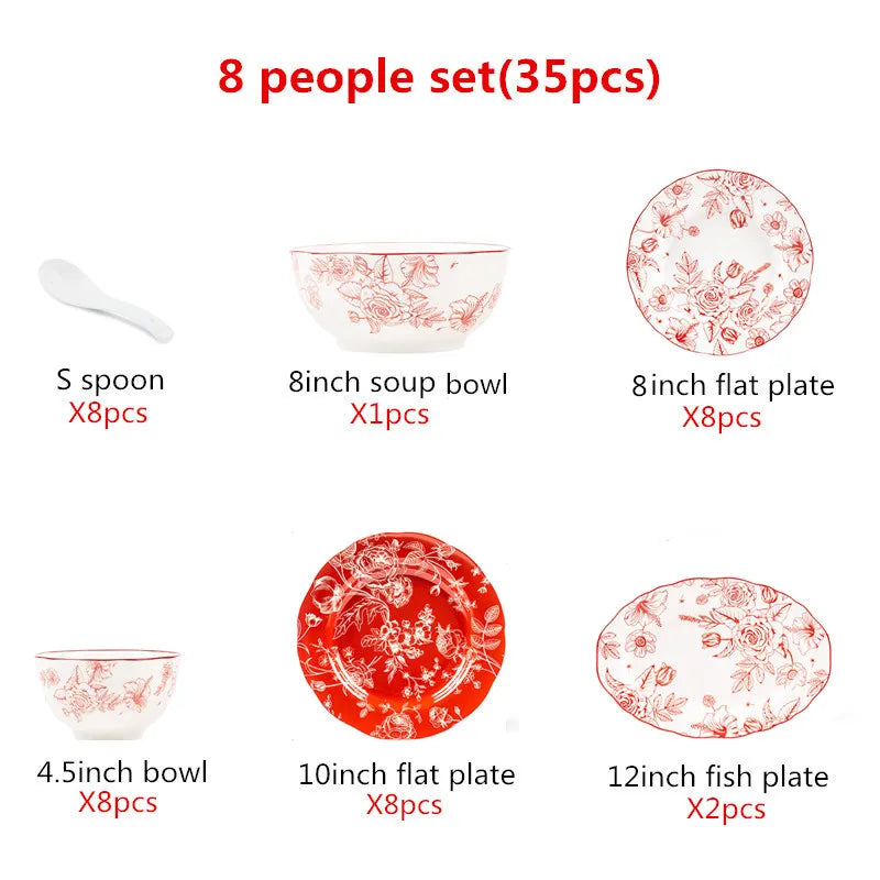 1Set New Luxury Red Rose Ceramic Tableware Household Bowl Spoon Plate Dinner Dinsh Kitchen Cutlery Home Decor Good Vibrations