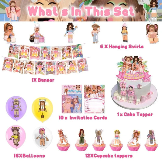 4Pcs Game Roblox Birthday Party Decorations Flag Banners Cake Toppers Balloons Spiral Pendants Invitation Cards Decorative Items Good Vibrations