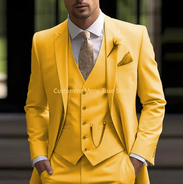 New Beige Suit Men Business Tuxedos Formal 3 Piece Set Jacket Vest Pants Single Breasted Groom Groomsman Prom Wedding Party Good Vibrations