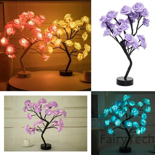 24LED Table Lamp Rose Flower Tree USB Night Lights Christmas Decoration Gift for Kids Room Rose Flower Lighting Home Decoration Good Vibrations