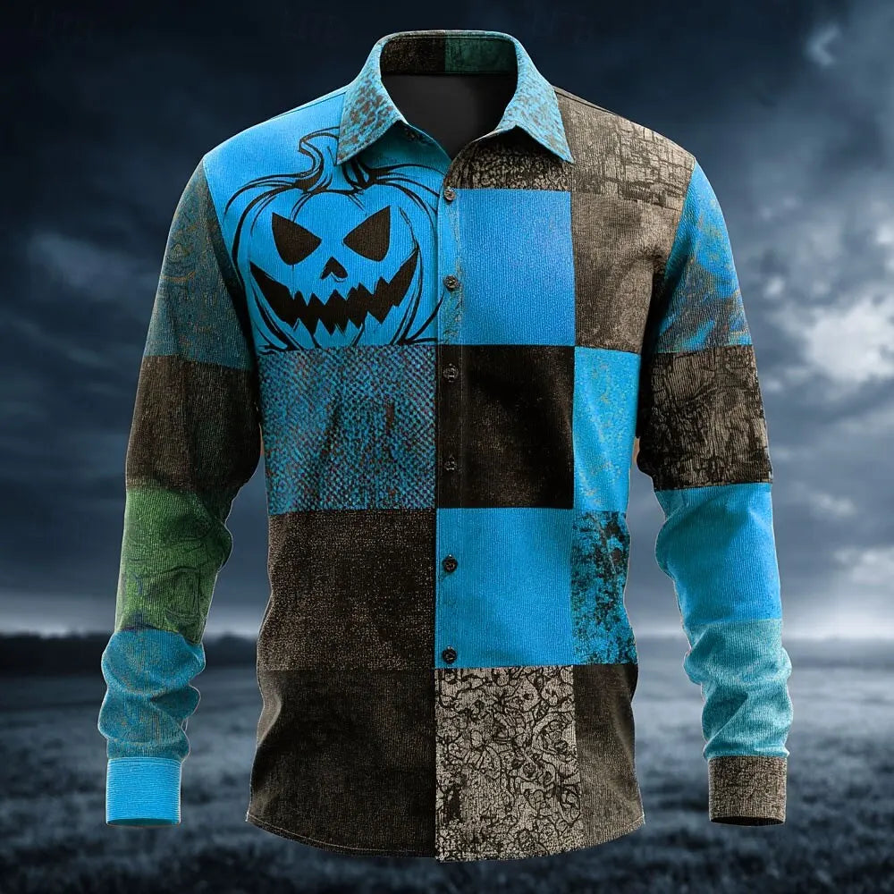 Halloween Costumes Men's Color Block Pumpkin Patchwork Shirt Button Up Shirt Long Sleeve Casual Outdoor 3D Print Collared Shirt Good Vibrations