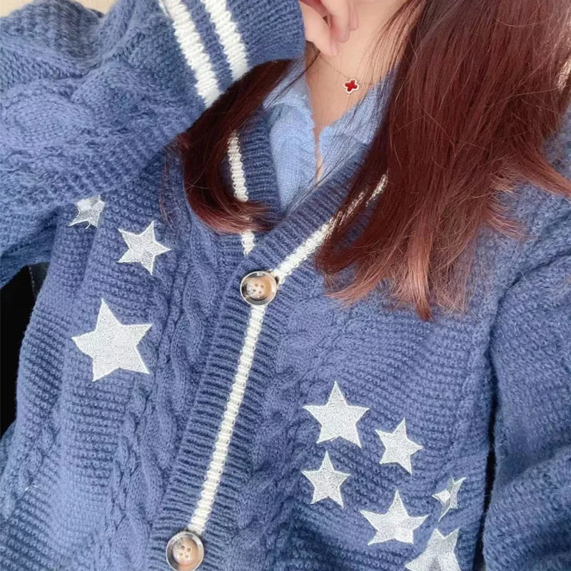 Y2k Sweaters Women Autumn Star Embroidery Midnight Blue Cardigan Fashion Warm Loose Fit Lover Cotton Knitted Cardigans Women Good Vibrations