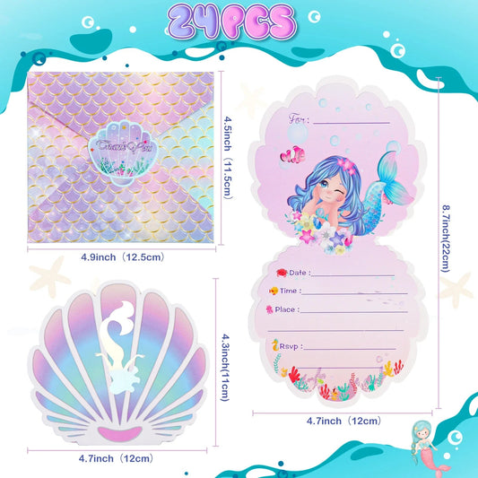 Mermaid Birthday Invitations Girls,3D Pearlescent Invitations Mermaid Party Supplies for Under the Sea Ocean Party Decorations Good Vibrations