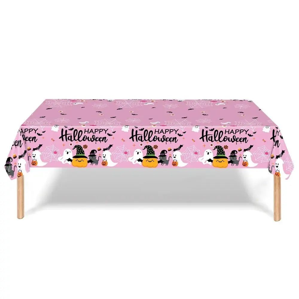 Pumpkin Ghost Pattern Halloween Tablecloth Halloween Theme Plastic Disposable Table Cover Pink Table Runner Table Decoration Good Vibrations