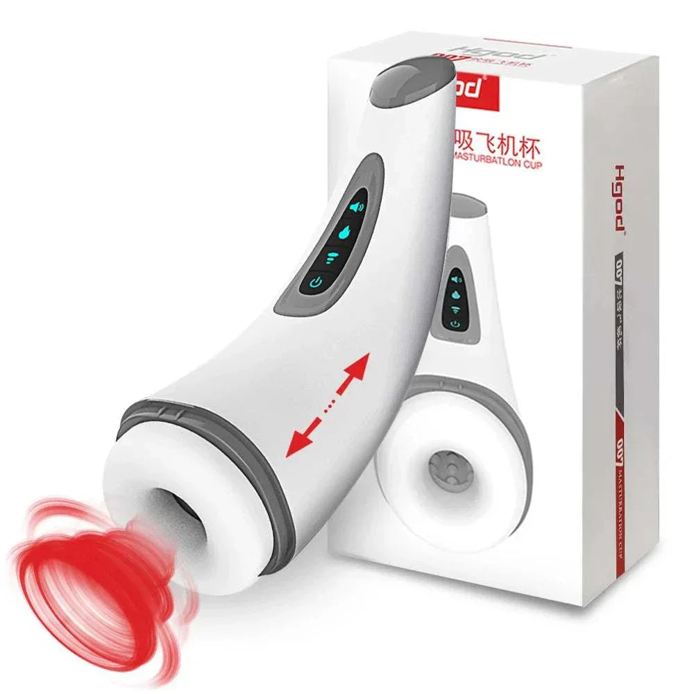 Vagina sucking male masturbator vibrator with heating and suction cup features for men.