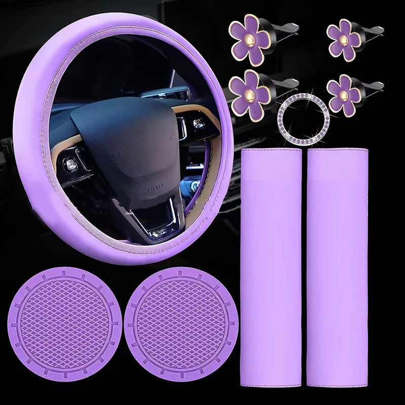 10 Pcs Leather Steering Wheel Cover For Women Cute Car Accessories Set With Seat Belt Shoulder Pads Cup Holders Car Decorations Good Vibrations Adult Super Store
