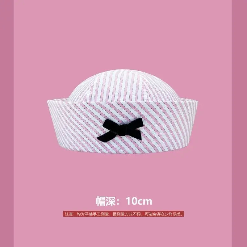 Y2K Striped Bow Flower Rhinestone Sailor JK Beret Navy Hats for Women Summer Niche Flipped Nurse Cosplay Beret Cap Sombreros Good Vibrations