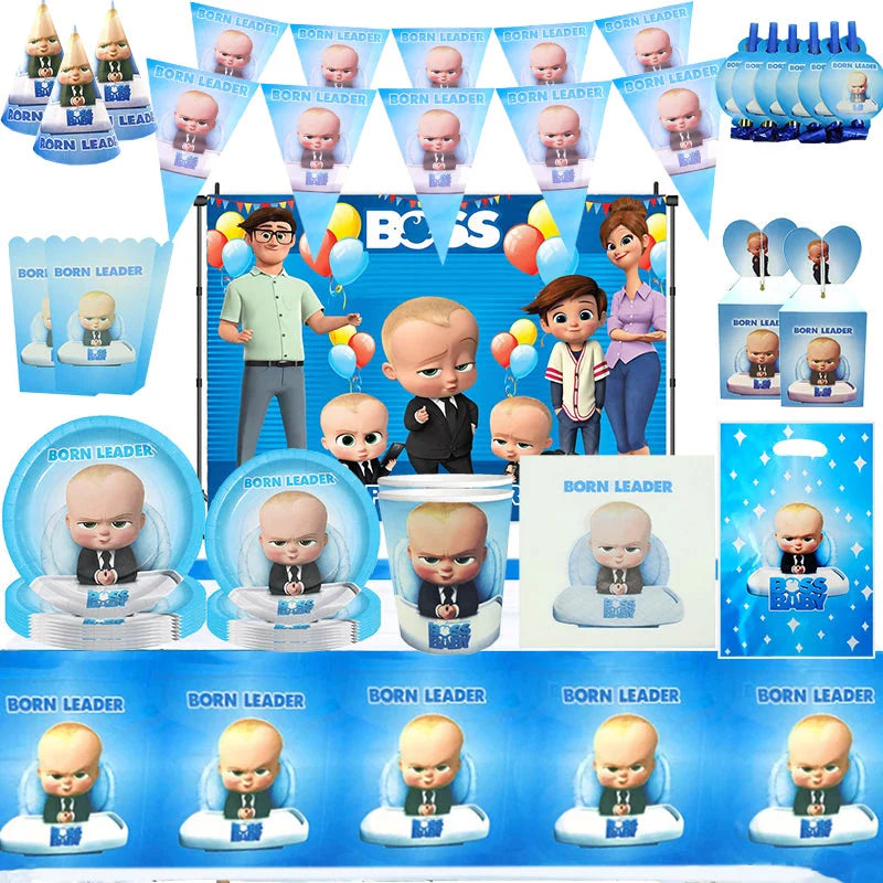 Baby boy party decoration set featuring Boss Baby themed banners, balloons, tableware, cake toppers, and gift bags.