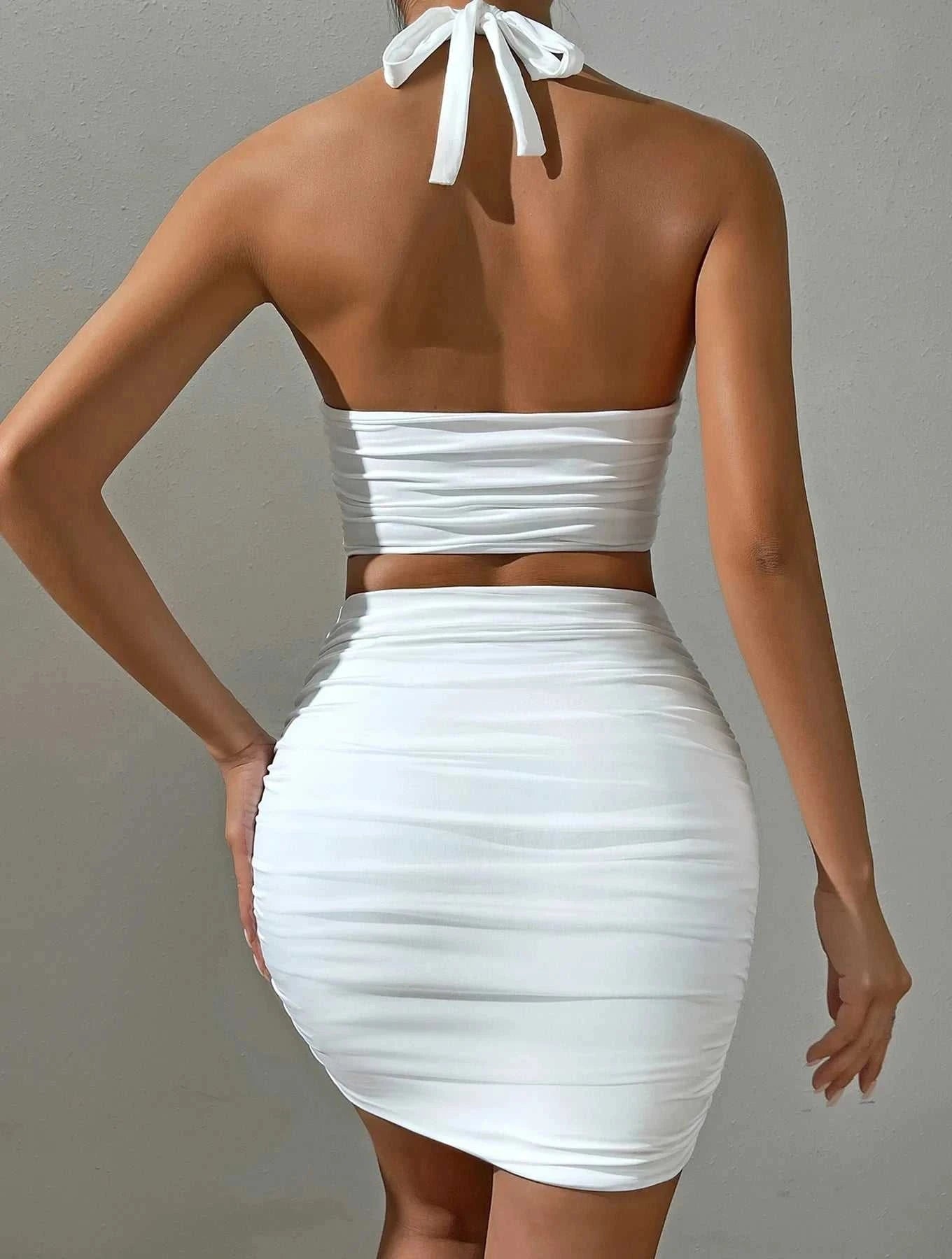 Women White Sexy Halter Neck Sleeveless Backless Two Piece Set Strapless Pleated Slim Bodycon Evening Dresses Good Vibrations Adult Super Store
