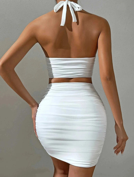 Women White Sexy Halter Neck Sleeveless Backless Two Piece Set Strapless Pleated Slim Bodycon Evening Dresses Good Vibrations Adult Super Store