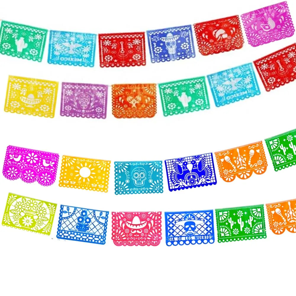 3PCS Mexican Party Decor Set, Vibrant Papel Picado Bunting-Plastic Fiesta Garland for Cinco De Mayo, Wedding, Birthday Carnival Good Vibrations