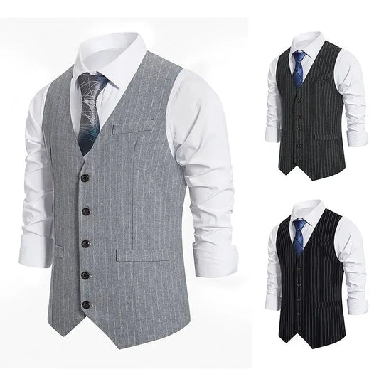 Men's Vintage Casual Black Grey Striped Single Breasted Suit Vest Elegant V Neck Gentleman Business Party Wedding Prom Vest Set Good Vibrations