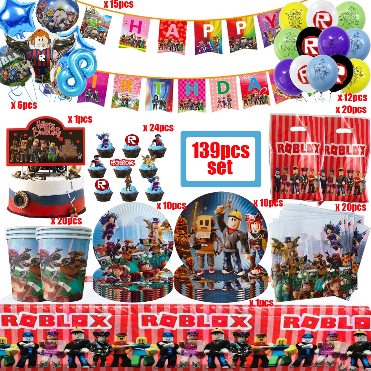 139PCS Roblox Birthday Decoration Party Kit Disposable Tableware Set Roblox Game Tablecloth Balloon Gift Bag Kids Party Supplies Good Vibrations