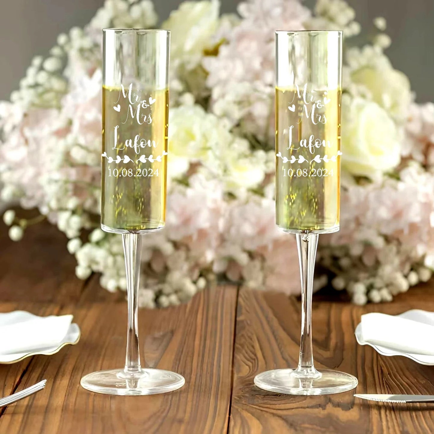 Set of 2 Personalized Mr and Mrs Wedding Flutes Champagne Toasting Glasses Couple Gift Groom Bride Toasting Glasses Good Vibrations