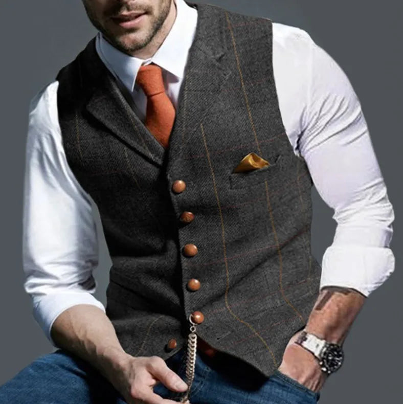 2025 Men's Formal Vests Lapel Tweed Plaid V-neck Waistcoat Slim Vest Business Formal Dress Suit Casual Wedding Tuxedo Male Vest Good Vibrations