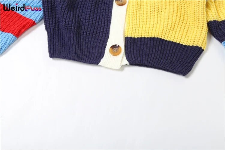 Weird Puss Y2K Cardigan Sweater Women Letter Print Casual Wild V-Neck Button Colorful Patchwork Street Trend Hipster Knit Coat Good Vibrations