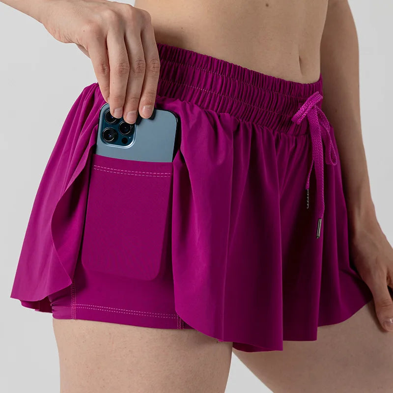 2 in 1 Flowy Sports Shorts Women Running Short Butterfly Tennis Skirt with Pockets Gym Yoga Athletic Biker Spandex Skirts Summer Good Vibrations