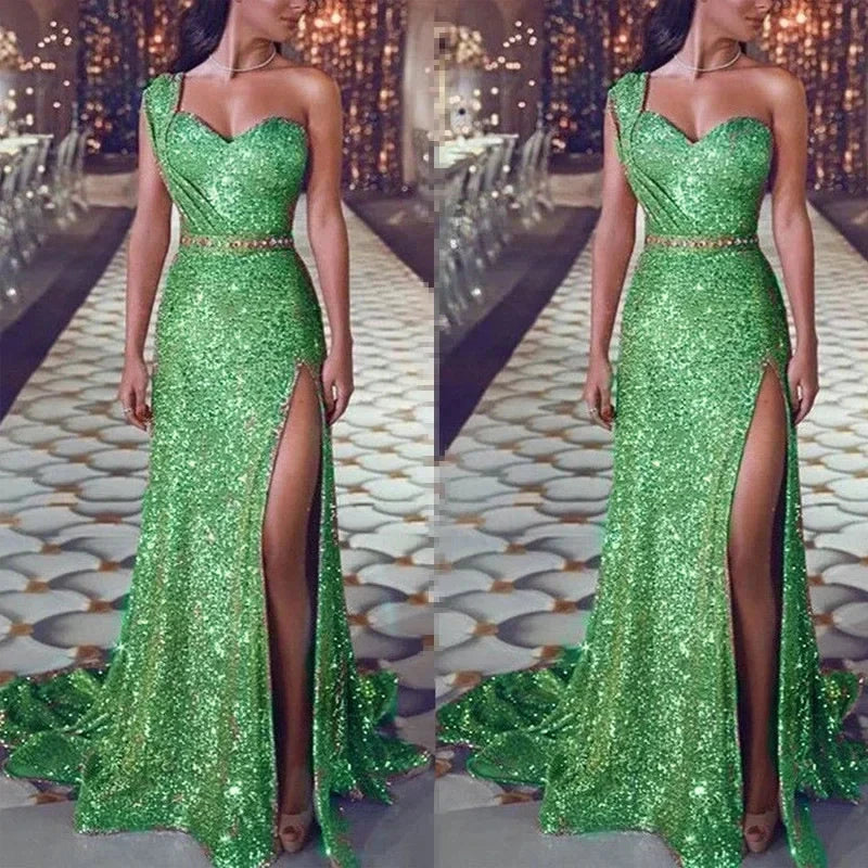 2025 Women's Wedding Party Dress Evening Elegant Sexy Deep V Neck One Shoulder Sleeveless Sequined Long Maxi Dresses For Women Good Vibrations