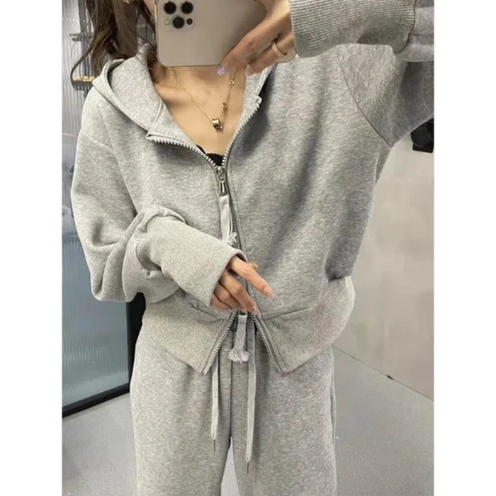 Casual Hooded Open Cardigan Sweatshirt Slimming Sporty Wide Leg Pants Two Piece Set Fashionable Versatile Polyester Long Sleeve Good Vibrations