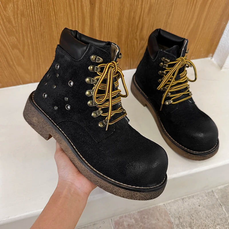 Boots Men High Top Boots High Quality Women Leather Shoes Fashion Outdoor Sneakers Men Lace Up Non-Slip Ankle Boots for Couple Good Vibrations