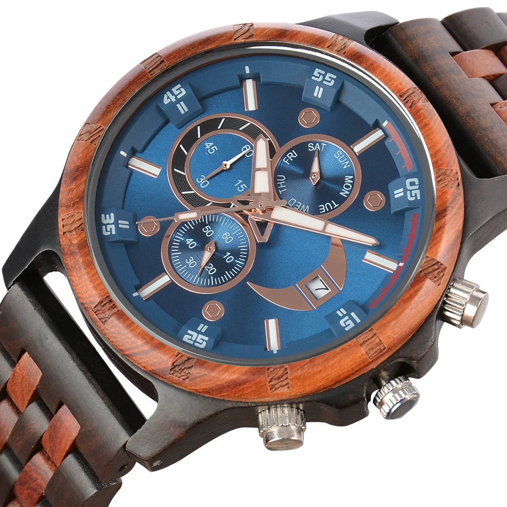 Wooden Wrist Watches For Men Fashion Quartz Wristwatches With Clock Date Week Timepieces Wood Wach Box for Him reloj hombre Good Vibrations