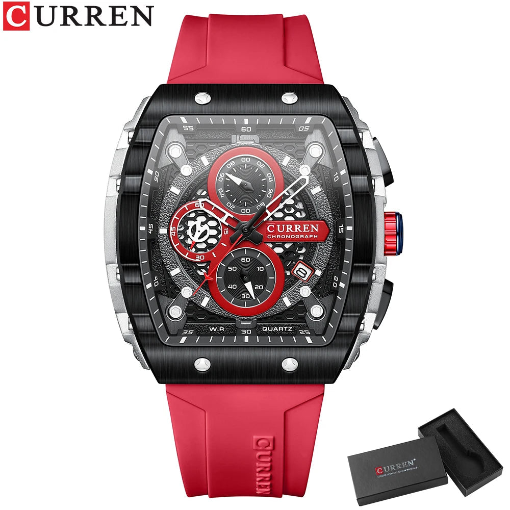 CURREN Sports Unique Rectangular Watches with Large Dial Casual Quartz Silicone Bands Wristwatches with Auto Date Good Vibrations