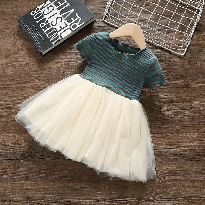 Girls' Summer Dress 1-6Y Children's Striped Short Sleeved Patchwork Mesh Dress Korean Girls Clothing Kid's Outfit Good Vibrations