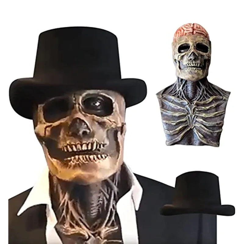 Halloween Full Face Skull Head Mask Bare Brain Horrible Movable Jaw Skeleton Latex Masks Balck Hats Cosplay Halloween Props Good Vibrations