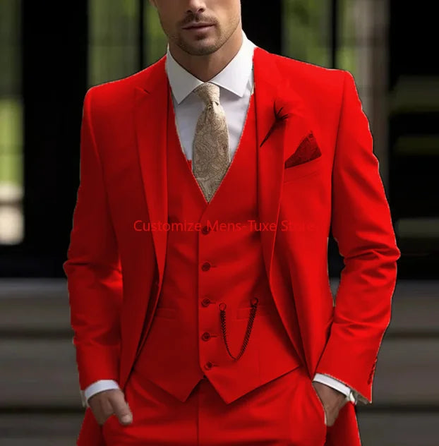 New Beige Suit Men Business Tuxedos Formal 3 Piece Set Jacket Vest Pants Single Breasted Groom Groomsman Prom Wedding Party Good Vibrations