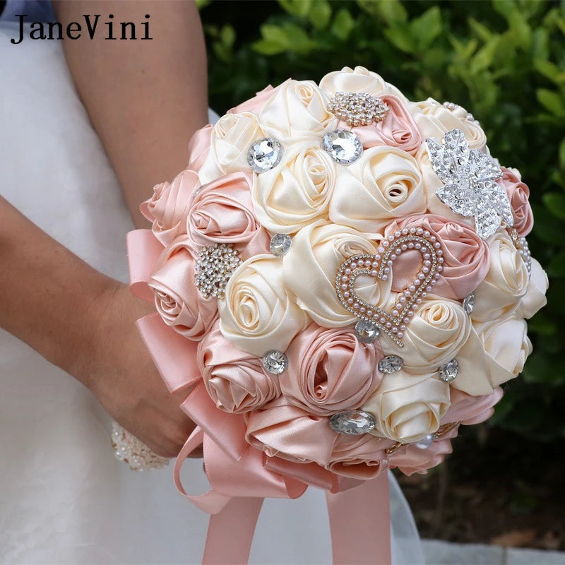 JaneVini Light Pink Roses Bridal Bouquet Elegant Pearl Crystal Lace Handle Bride Flower Ball Wedding Bouquet Bruiloftaccessoires Good Vibrations