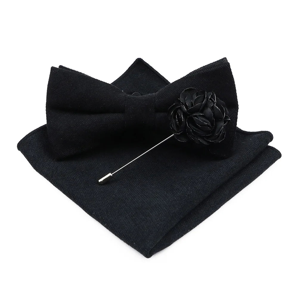 Mens Solid Color Cotton Bowtie Pocket Square Brooch Sets Pink Blue Super Soft Suede Bow Tie Handkerchief For Wedding Party Gift Good Vibrations