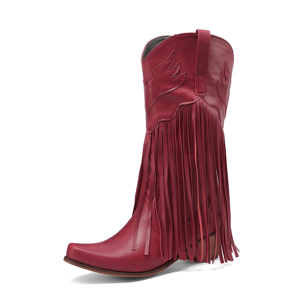 Women Mid-calf Cowboy Boots Retro Leather Tassel High Western Botas Winter Pointed Chunky Heels Booties Fashion Ladies Shoes Good Vibrations